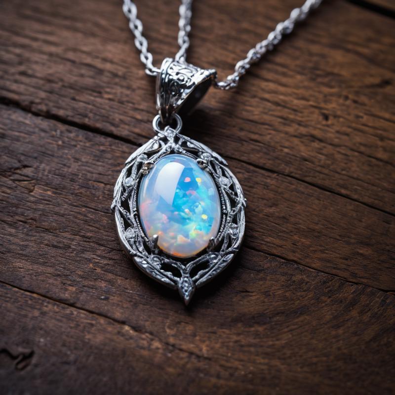 00364-A beautiful opal necklace on a polished wooden table, cinematic, award winning photograph.png